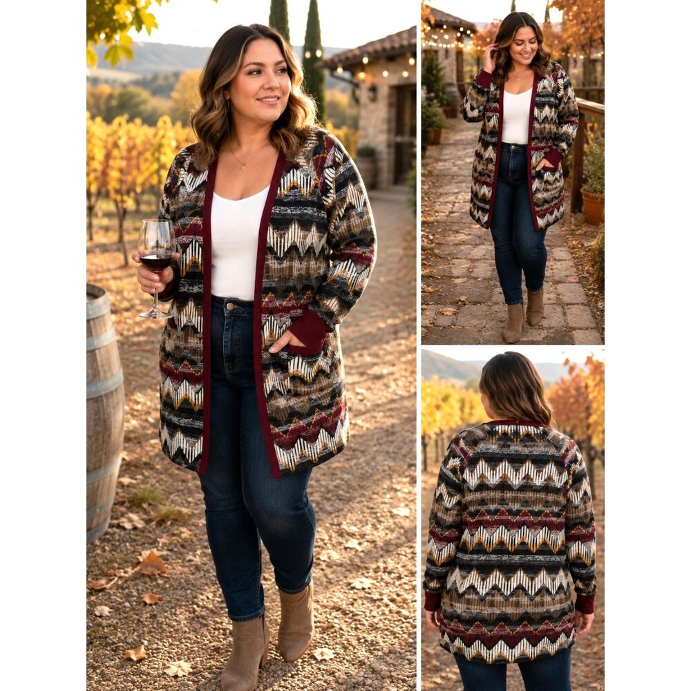 Vision USA Women's Open Front Tribal Aztec Cardigan Size L Burgundy fall sweater